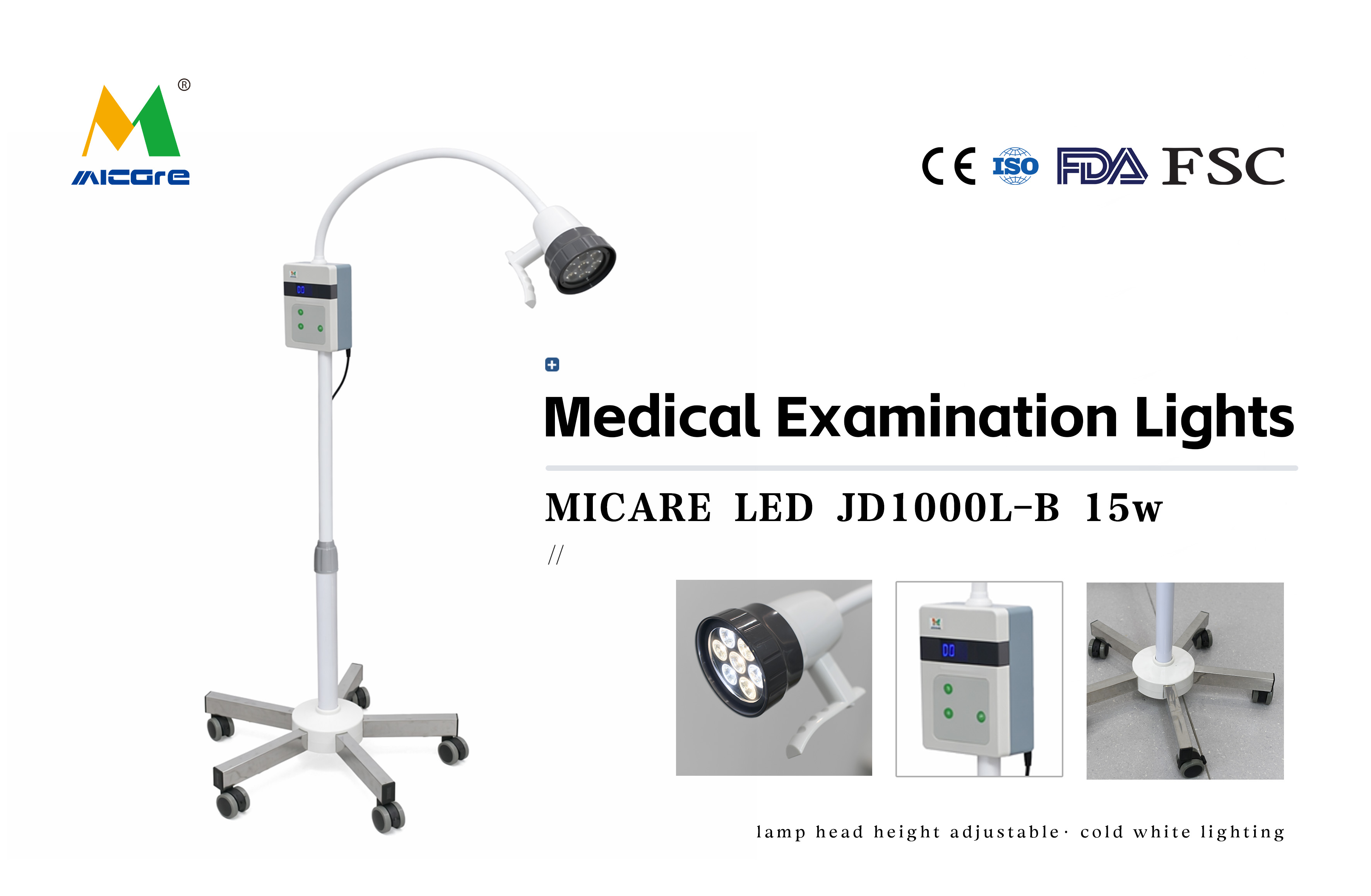 Micare JD1000L-B 15W LED Medical Examination Light with LCD digital display and precision stepless dimming control on stainless steel mobile floor stand