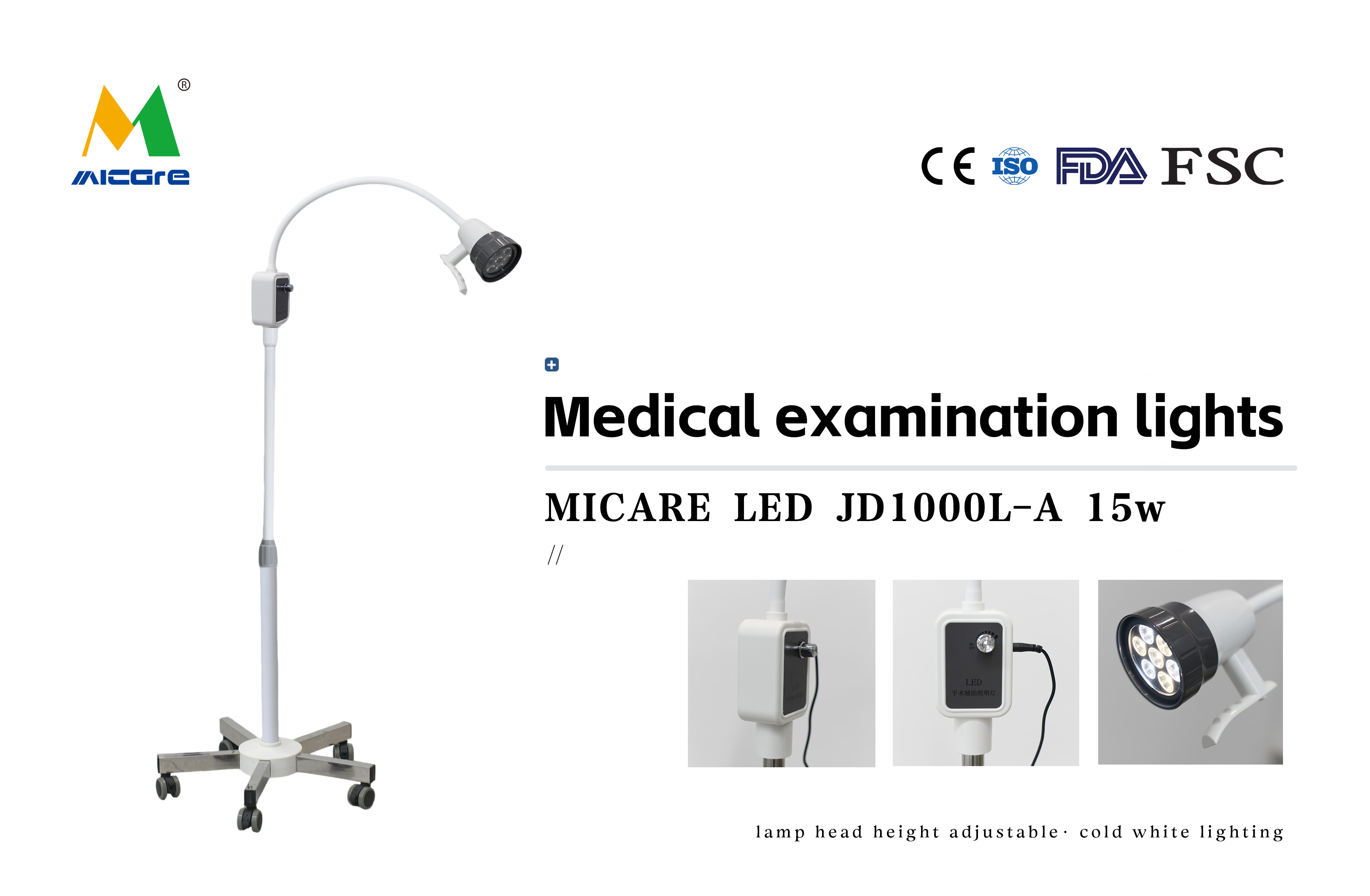 Micare JD1000L-A 15W LED Examination Light with rotary stepless dimming control on stainless steel mobile floor stand