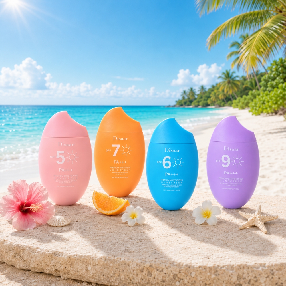 Serie de protector solar Disaar de 50 g, FPS 60, FPS 70 y FPS 90, PA+++, protector solar facial refrescante y no graso con envase ovalado de colores