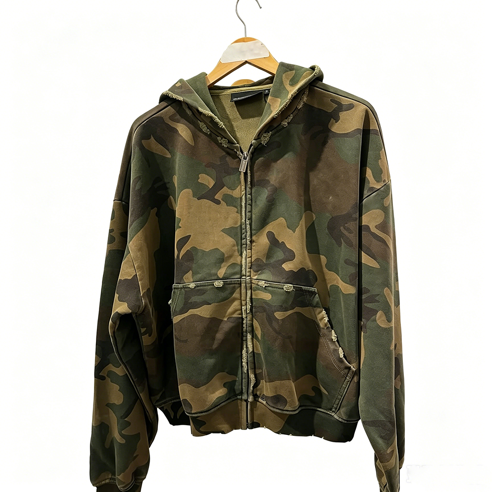 Streetwear Custom Mens Heavyweight Cotton Oversize Hoody Distressed Camouflage Camo Zip up Hoodie Unisex