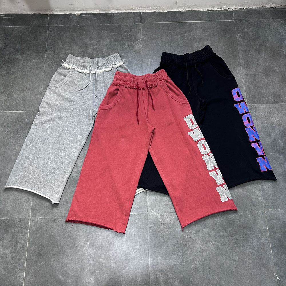 2026 Summer Custom Reverse Stitching Printed Stone Wash French Terry Cotton Capri Cropped Pants Sweat Shorts Men