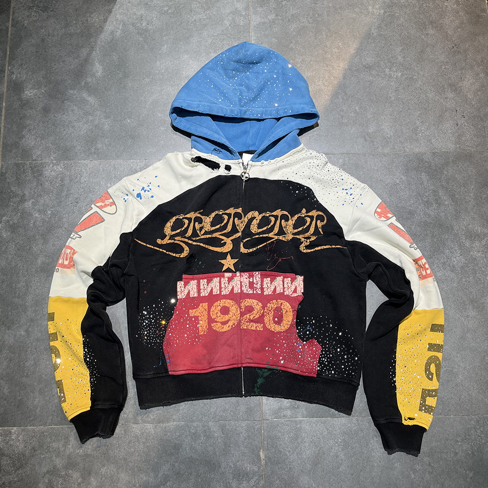 XINSHENG Manufacturers Clothing Custom Color Block Patchwork Distressed Graphic Printed Rhinestone Zip up Hoodie Jacket for Men