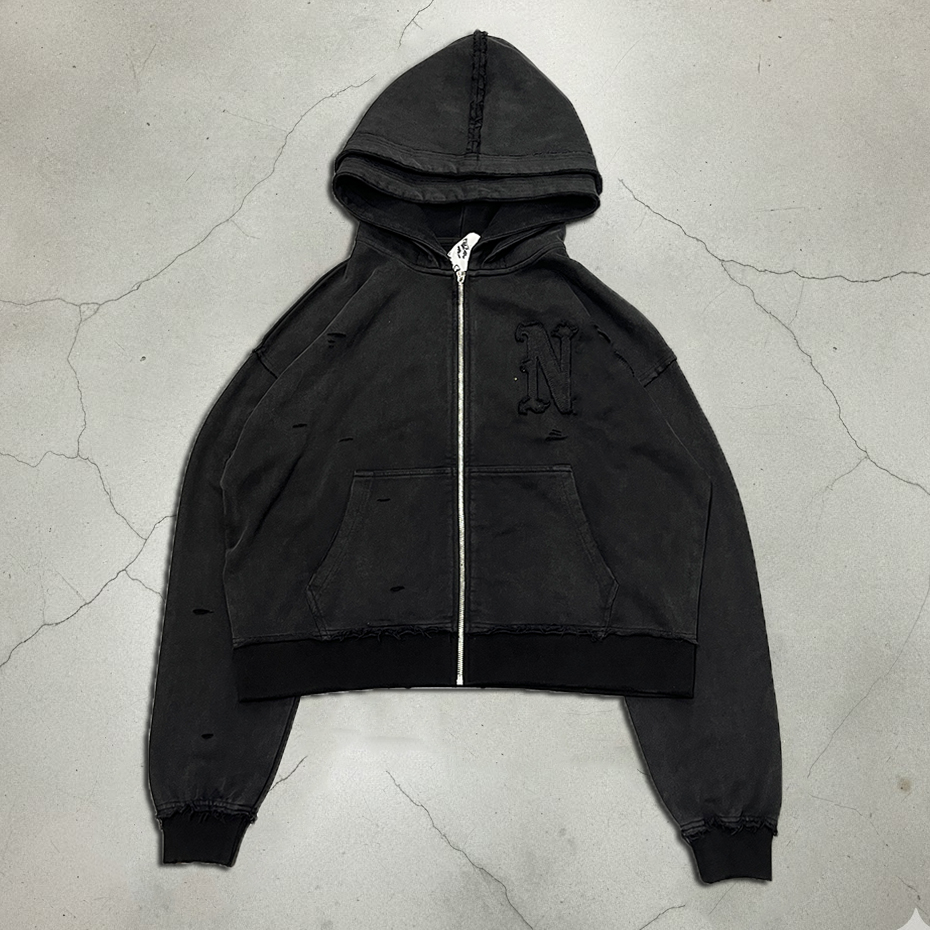 XINSHENG Custom Mens Double Layer Hooded French Terry Heavyweight Zip up Stone Acid Wash Boxy Cropped Hoodie Jacket for Men