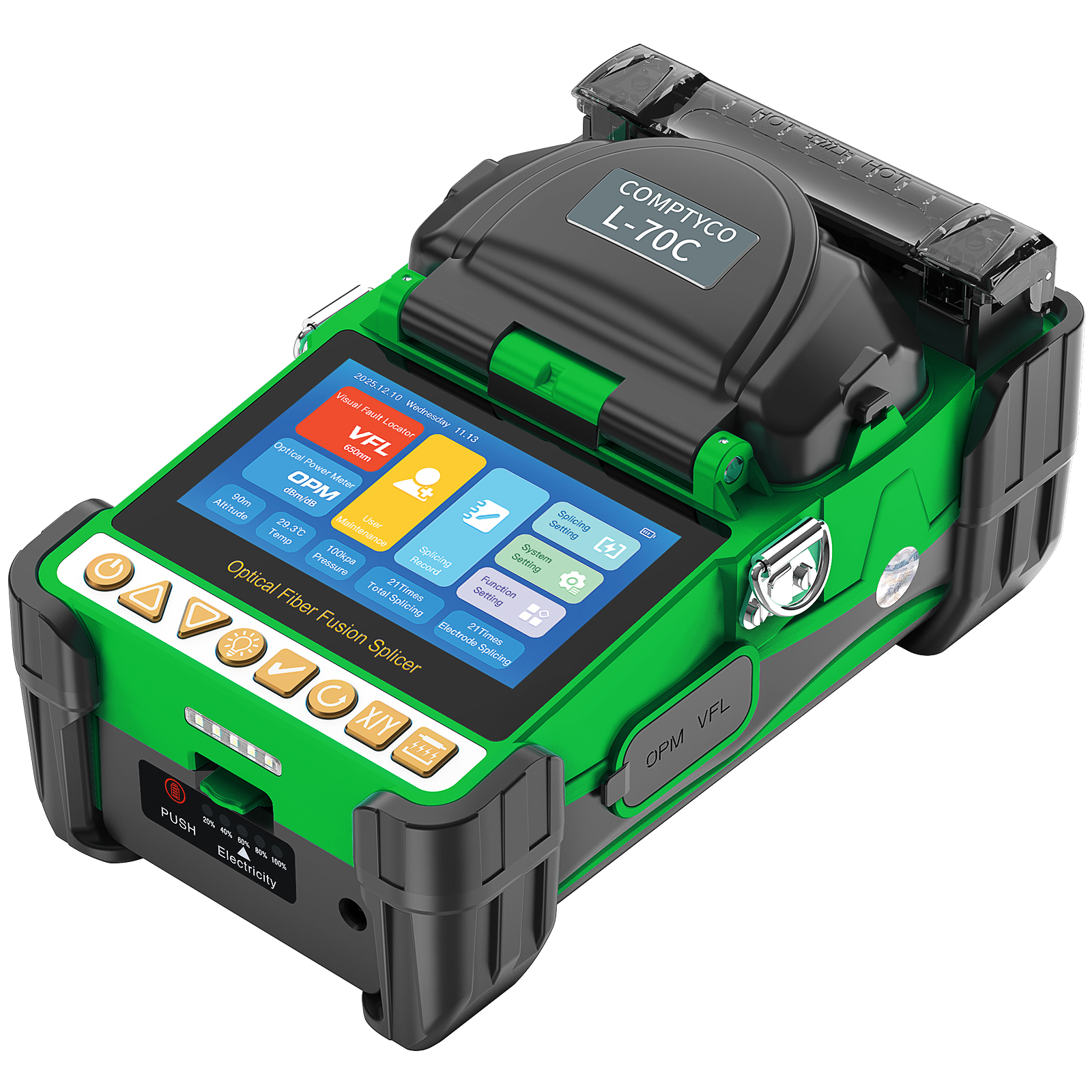 COMPTYCO L-70C Mini Fiber Optic Splicing Machine Six Motor Core Alignment Fusion Splicer 4.3 Inch HD Touch Screen Built-in OPM VFL 3 In 1 Fixture 10 Languages 5000mAh Battery