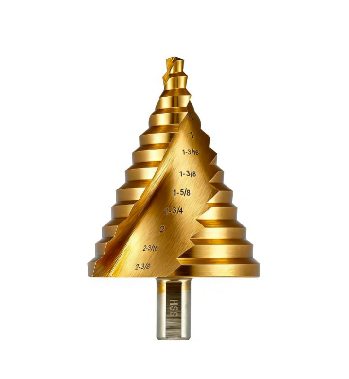מקדחה צעדית AMSUO בצבע טיטניום ב-12 שלבים, מפלדת HSS — קוטר מקסימלי 2 ו-3/8 אינץ' (60 מ