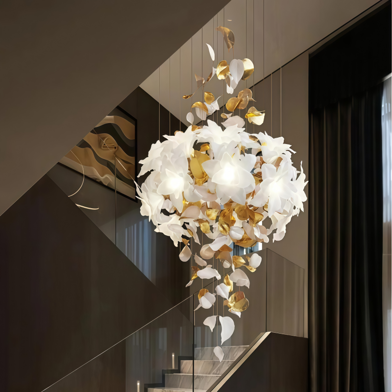 Ceramic Flower Large Chandelier Luxury High-end Designer Stairway Decorative Chandelier for Villa Hotel