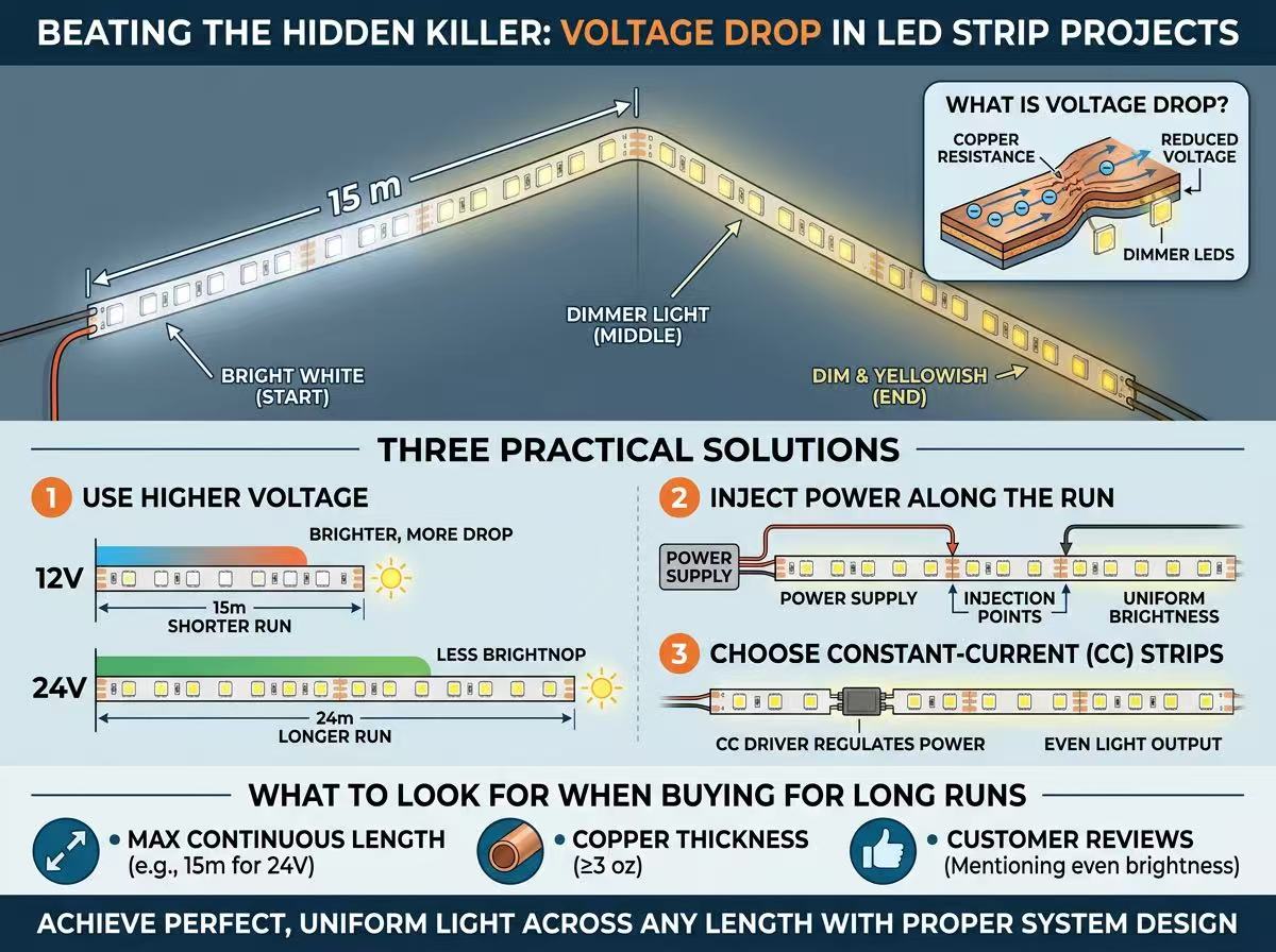 Den skjulte dræber af LED-strip-projekter: Spændingsfald (og hvordan man undgår det)