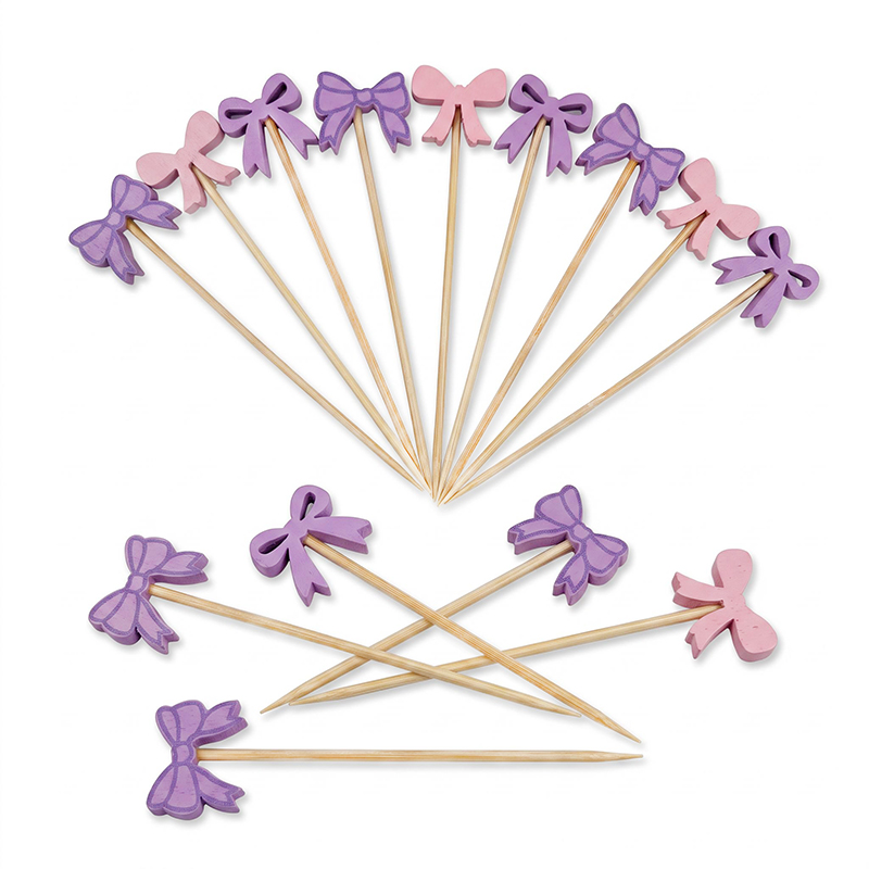 Spiedino in bambù con fiocco rosa e viola, 4,72 pollici