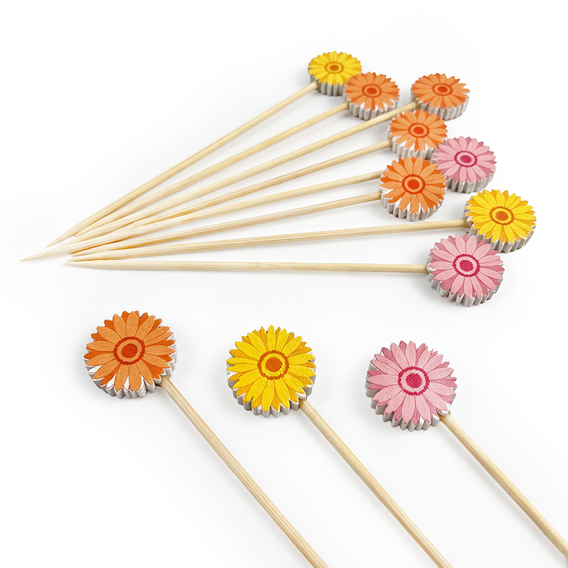 Stecchino per cibo in bambù con fiore di gerbera colorato, 5,31 pollici