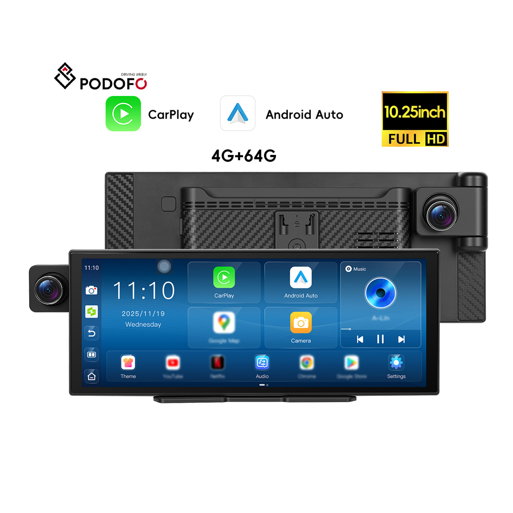 Podofo Display Iż-Żda Ħajji b’CarPlay għall-karozza, b’8-kurri, 4+64 GB, Android 15, CarPlay ħajji u Android Auto ħajji, rotazzjoni ta’ 180°, kamera tal-biża’ b’risoluzzjoni 2K, Dash Cam b’WiFi, fabbrikat mill-fabbrika oriġinali (OEM) u disinnat għall-produzzjoni (ODM), għall-biża’ f’kumpaniji, A4508