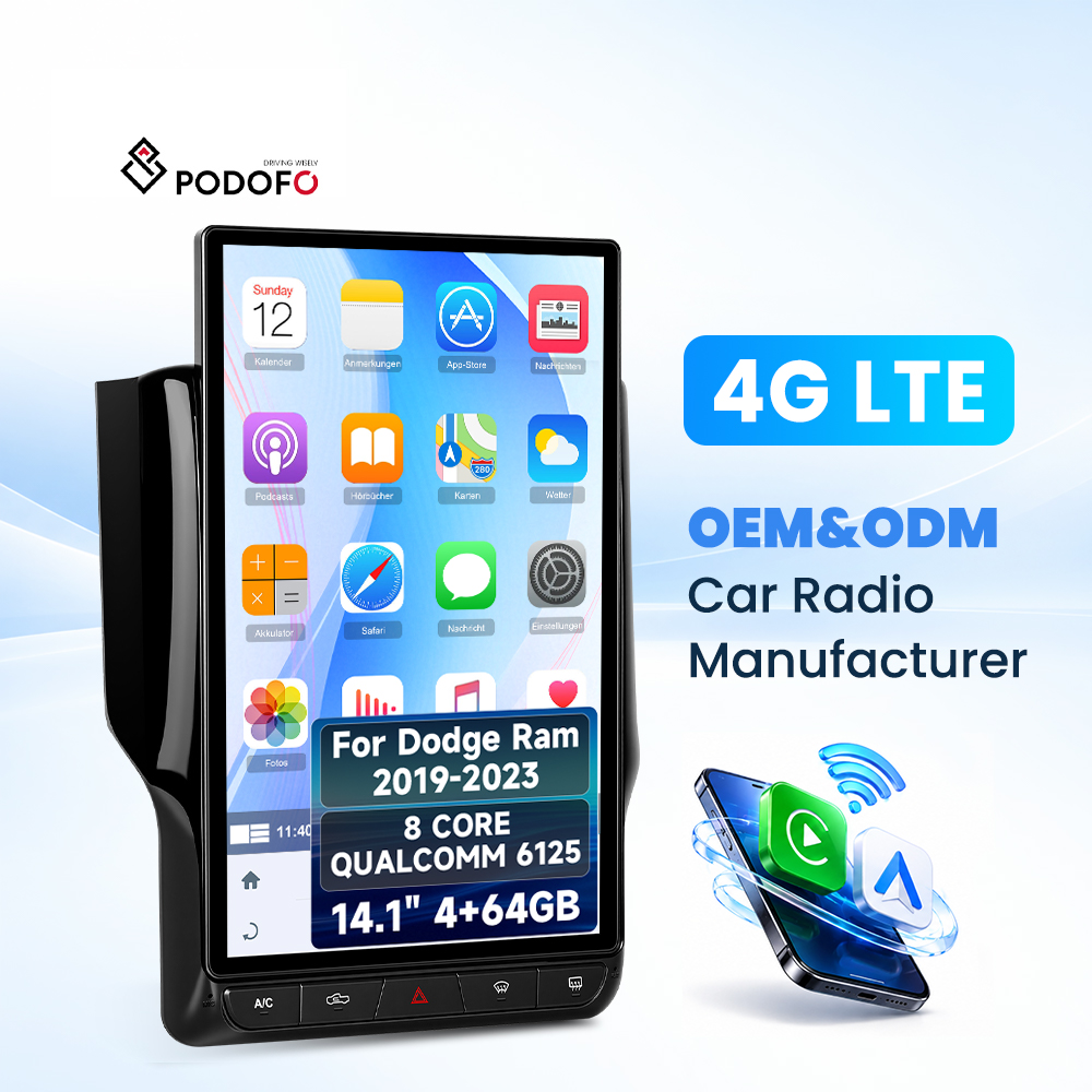 Podofo לדודג' ראם 2019-2023 14.1 אינץ' 8 ליבות 4+64G Qualcomm אנדרואיד רדיו לרכב סטריאו 4G LTE/Carplay/אנדרואיד אוטו/GPS/WiFi Factory A4698EU/A4698US