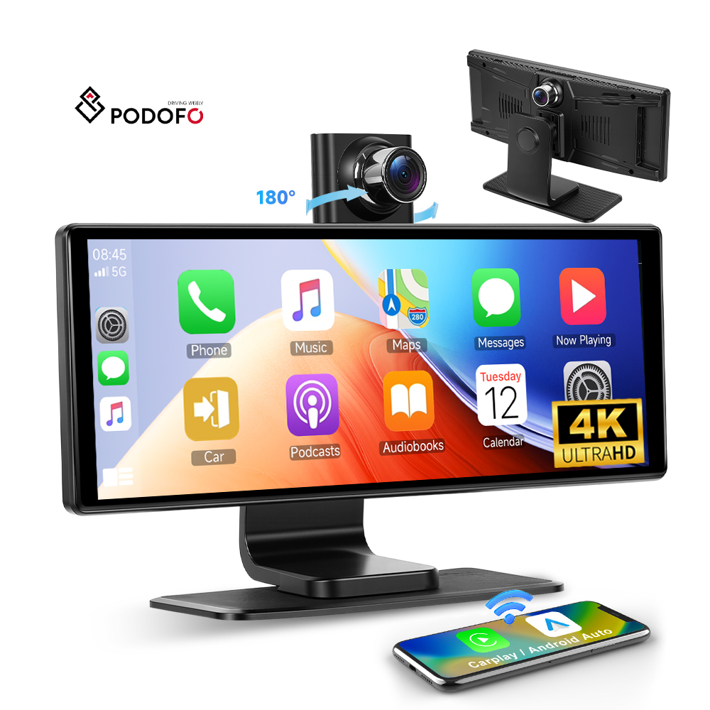 Podofo Skrin Portabbli għall-Carplay ta' 10.26 pulzier, Android Auto b’Mod mingħajr Kabel, Kamra tal-Immaġini tal-Biżaħ ta’ 1180°, 4K ġewwa u 1080P ħarġa, TPMS, Rekord Ċirkulari, Mirror għall-Android/FM Transmission, Incell, OEM, ODM A4693