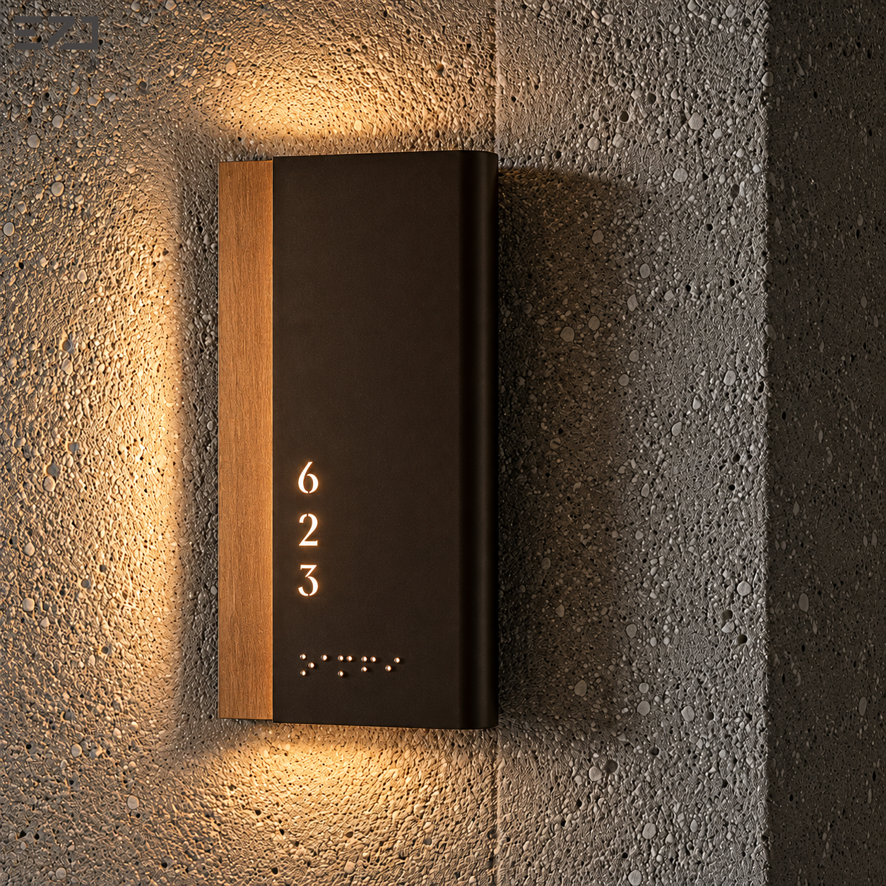 Segnale personalizzato per porta d'hotel con retroilluminazione LED e caratteri Braille, targa per stanza in legno e metallo per la segnaletica di lusso negli hotel
