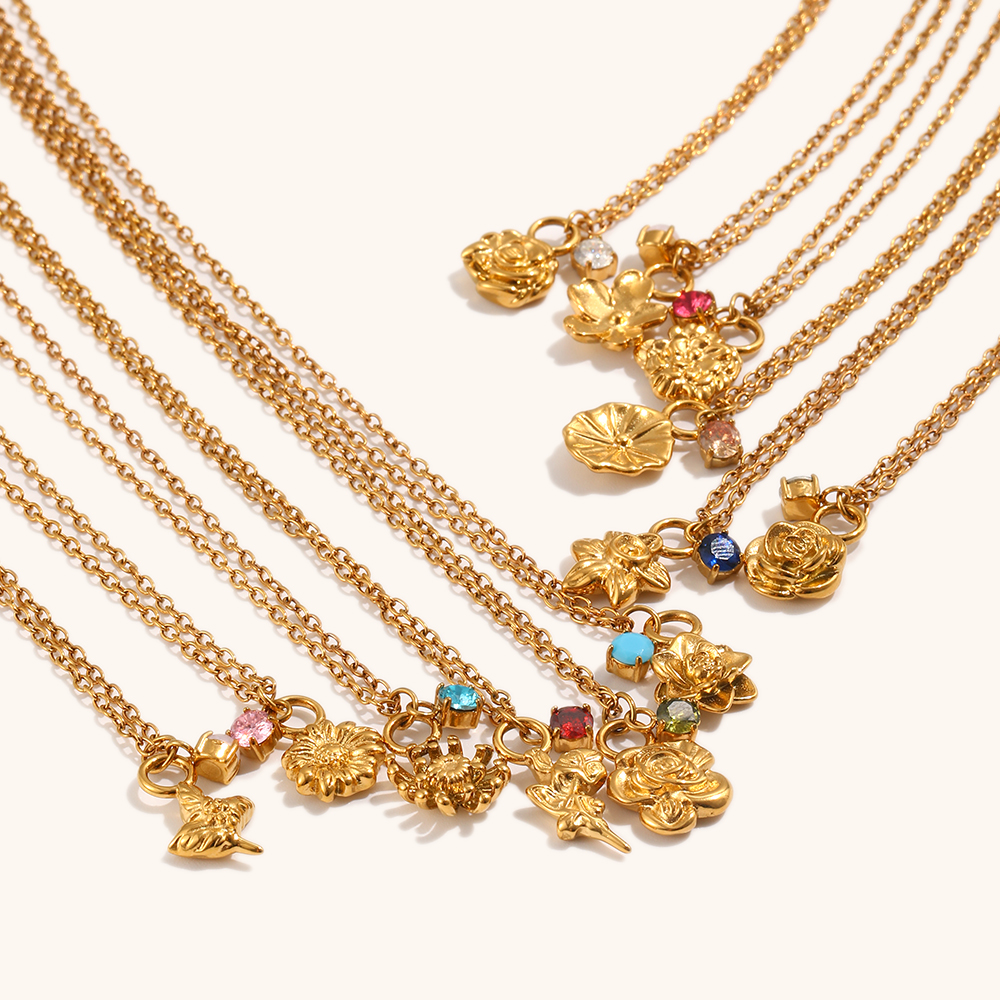 BirthFlower Colorful Zircon Pendnat Necklace Set