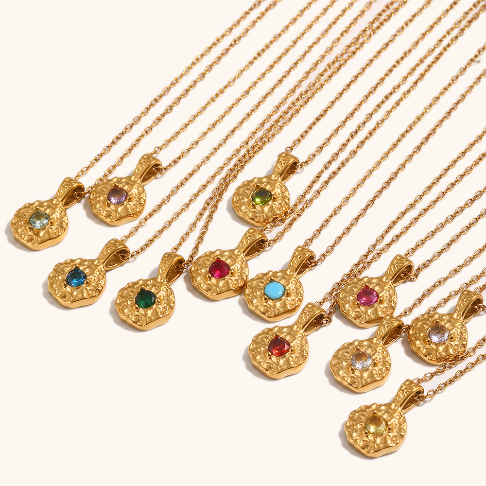 Birthstone Zircon Hammered Pendant Necklace