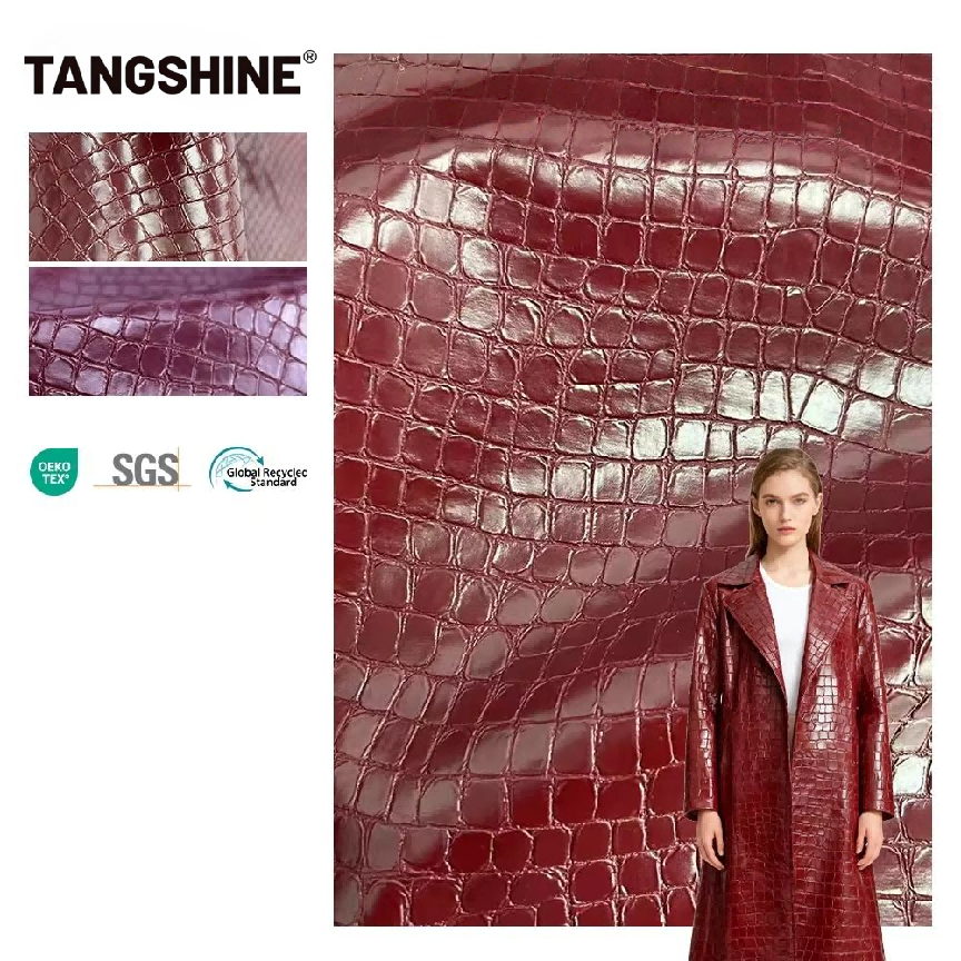 Tessuto personalizzato in ecopelle privo di PFAS con nuovo design a motivo di coccodrillo in pietra e retro in rayon, tessuto per giacche in materiale sintetico PU