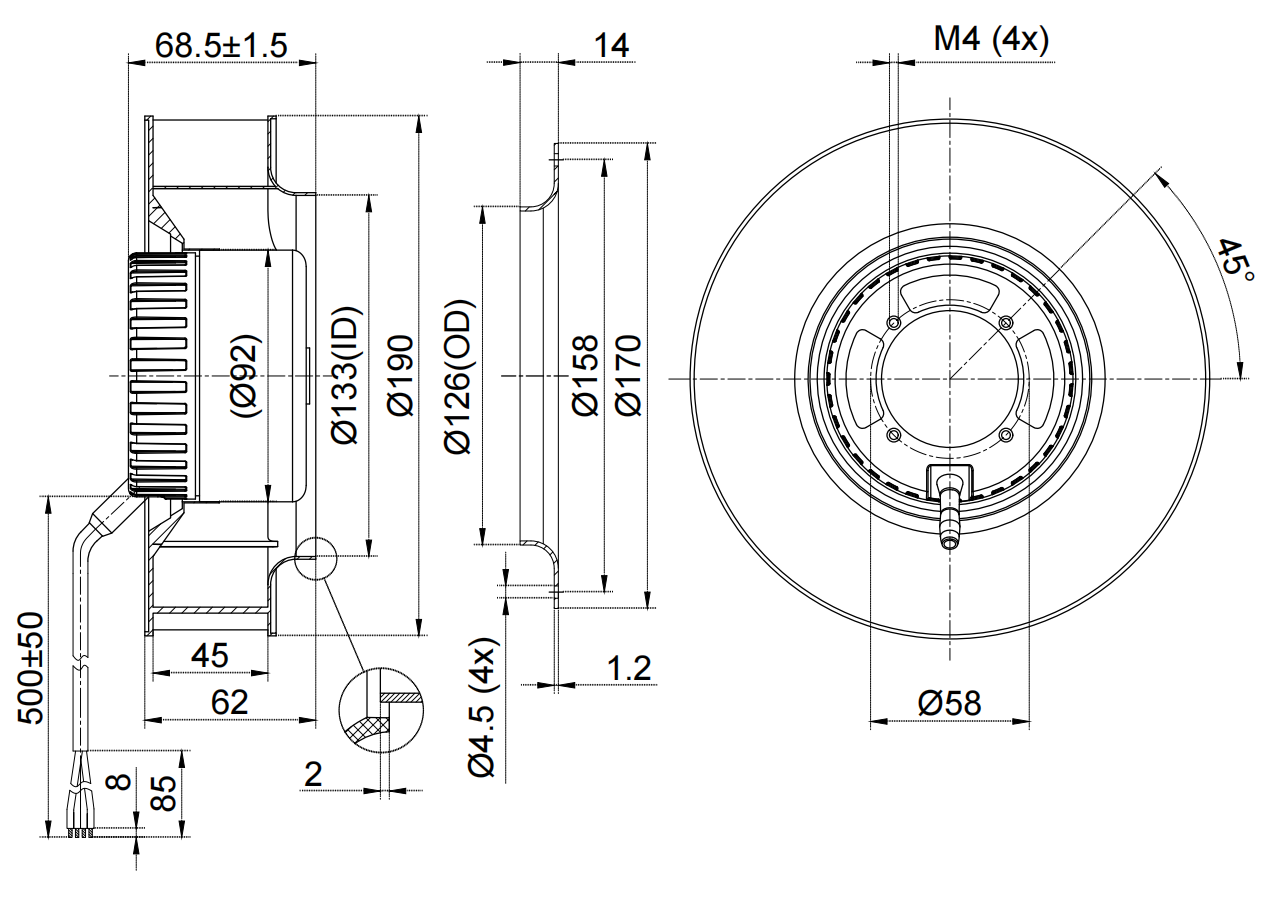 FB3G190-80PL-90 Backward Curved Centrifugal Fan, 80VDC, 190mm, 829 m3/h manufacture