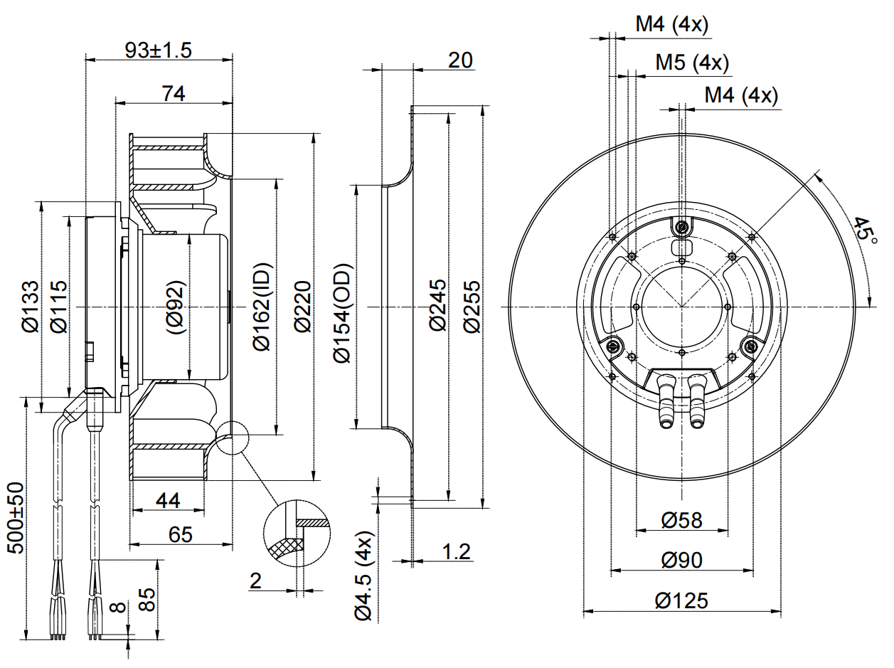 FB3G220-2APL-90 Backward Curved Centrifugal Fan, 230VAC, 220mm, 1288 m3/h details