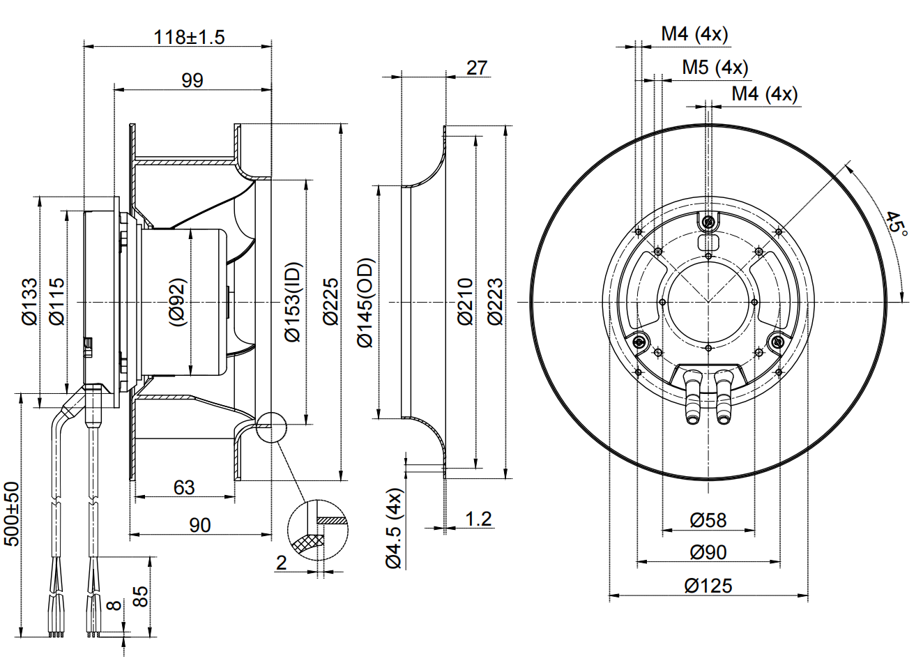 FB3G225-2APL-90 Backward Curved Centrifugal Fan, 230VAC, 225mm, 1504 m3/h details