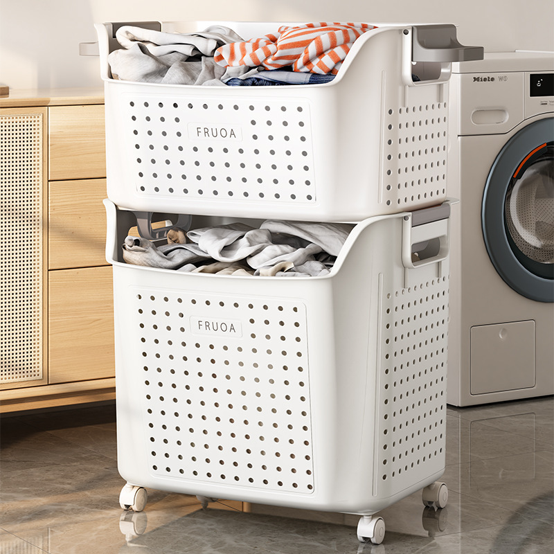 Panier à linge en plastique, sac en tissu, roulettes
