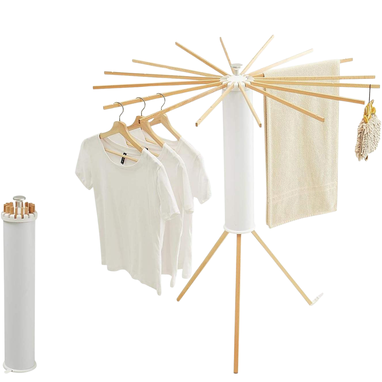 Étendoir à linge repliable sur trépied en bambou et bois, autonome, écologique et démontable