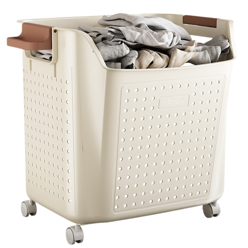 Panier à linge en plastique, sac en tissu, roulettes