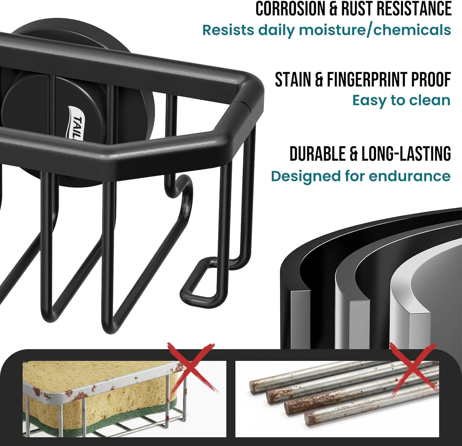 Support pour éponge d’évier avec ventouse puissante en aluminium antirouille