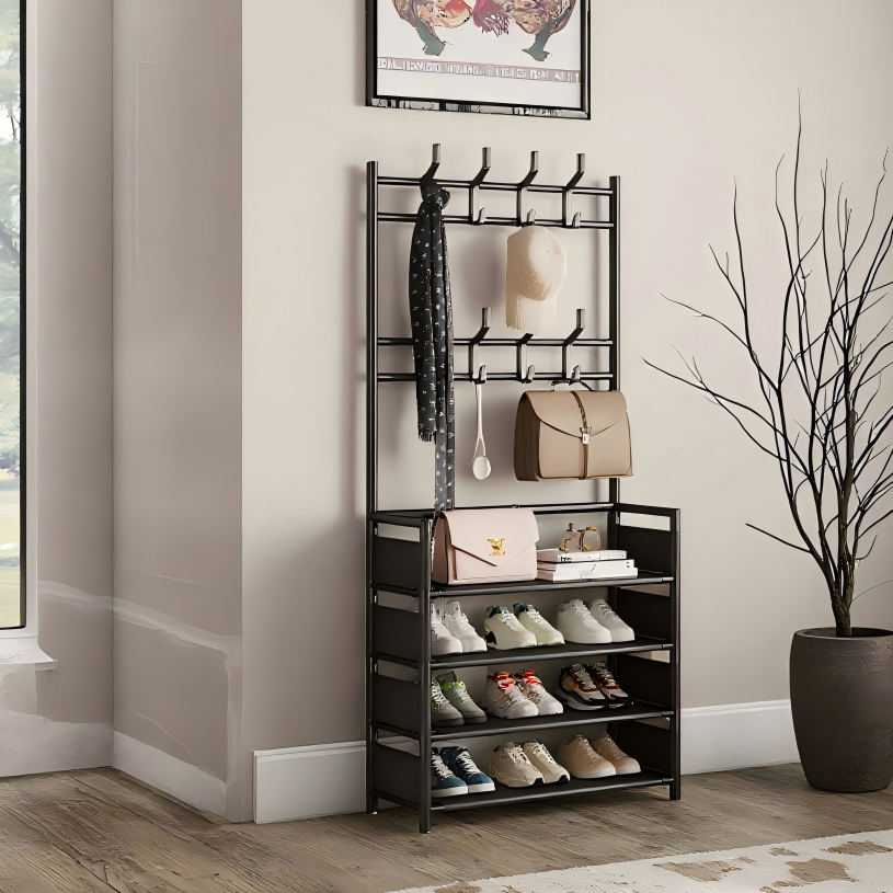 porte-manteaux et porte-chaussures pliable à 5 niveaux, avec crochets, étagère organisatrice pour chambre ou entrée