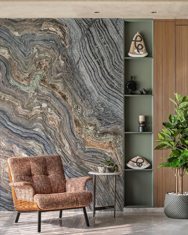 Green marble feature wall for luxury living room