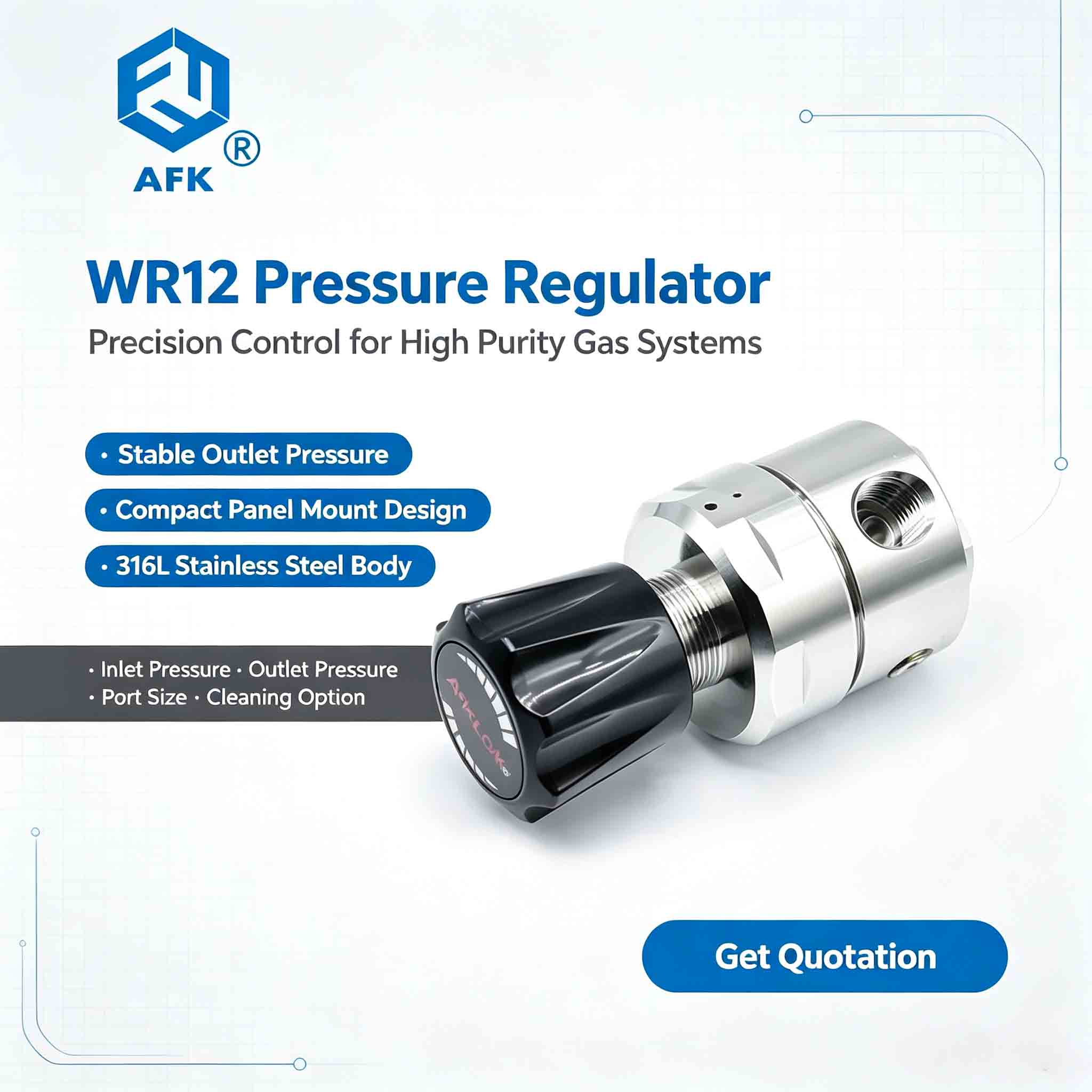 Regulator ciśnienia serii WR12 o średnim przepływie | jednostopniowy regulator membranowy ze stali nierdzewnej 316L do gazów specjalnych, korozyjnych i toksycznych, Cv = 1,0, możliwość produkcji na zamówienie OEM