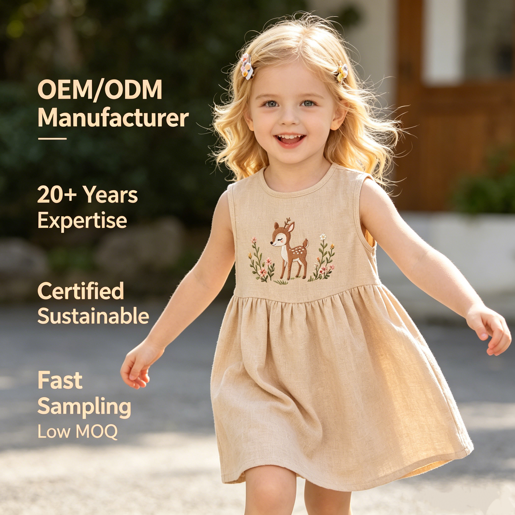 OEM/ODM Embroidered Cotton-Linen Toddler Dress with Fawn Floral Hand Embroidery | Sleeveless A-Line Girls Summer Dress Private Label Hypoallergenic Breathable Summer Childrenswear Bulk Boutique Supplier